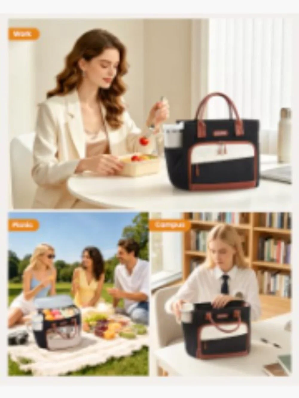 Insulated Lunch Bag for Women, Large 13L Adult Tote with Cutlery Pocket,